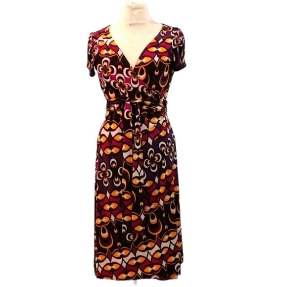 Bisou Bisou WRAP DRESS size 6 Michele Bohbot Stretch Knit Abstract Geom… - Picture 9 of 12